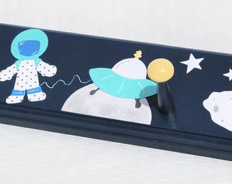 Outer Space COAT RACK with Pegs . KIDS Coat Rack . Astro Adventure Peg Rack in Blue Teal and Gray . Personalized