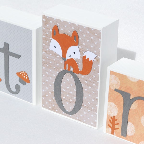 Personalized Baby Name Block Letters for Baby Shower Gift or Nursery Decor with Woodland Theme, Gray Tan Rust Orange, Bear Fox Raccoon