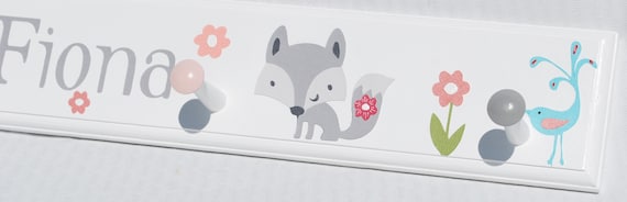 Baby Fiona Fox Room Decor Personalized Woodland Wall Art Decorative Wall Hooks Girls Coat Rack Gray Fox Nursery Organizer Wall Pegs Etsy