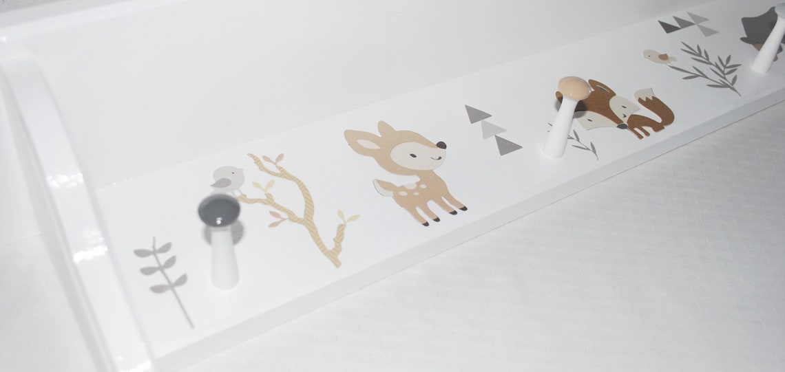 White Wood Shelf With Pegs . Gender Neutral Colors . Fox Bear Etsy