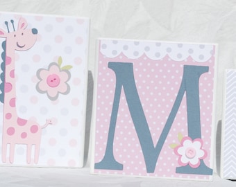Pink and Gray Baby Girl Jungle Nursery Decor . Cute Jungle Animals for Girls Room . Wooden Block Letters . Jungle Nursery Art . Baby Blocks