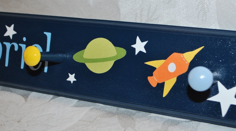 Personalized Kids Coat Rack . Peg Rack . Wall Pegs . Gabriel . Outer Space . Children's Coat Hooks . Outer Space Wall Art for Kids Room image 4