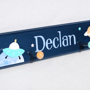 Outer Space Room Decor, Door Plaque with Name, Navy Blue Mint Orange, Wooden Peg Rail for Hanging Jackets Coats Hats Backpack, Wall Hooks