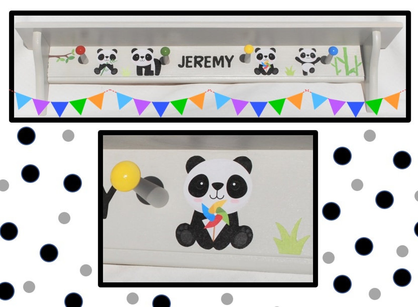 Cute Panda Wall Mounted Shelf With Pegs Panda Room Decor Wood Etsy