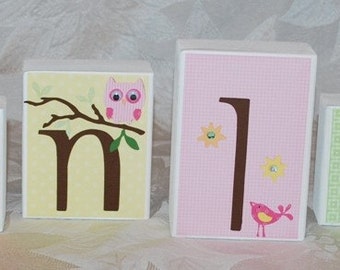 Whimsical Woodland Animals, Baby Girl Wooden Name Blocks, Nature Themed Nursery, Owl, Bird, Pink, Orange, Yellow, Green, Personalized Blocks