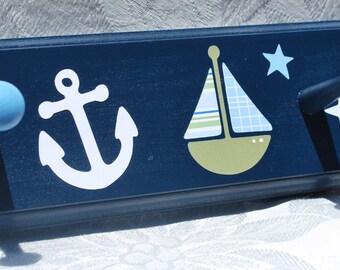 Zachary Coat Rack in Navy Blue and Sage Green. Nautical Towel Hooks. Kids Wall Hooks. Personalized Coat Rack with Pegs