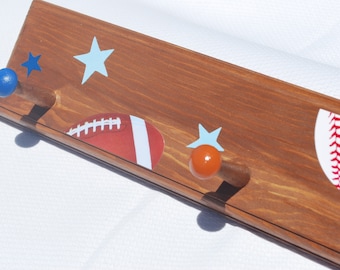 Boys Wooden Peg Rail . Personalized Peg Rack for Boys Room . Coat Rack . Boys Birthday Gift . Kids Sports Rack Hat Rack