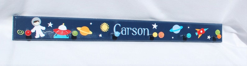 Personalized Kids Coat Rack . Peg Rack . Wall Pegs . Gabriel . Outer Space . Children's Coat Hooks . Outer Space Wall Art for Kids Room 34" with 6 pegs