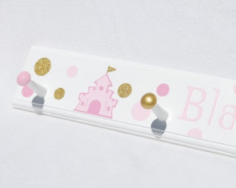 Pink and Gold Polka Dot Princess Coat Rack. Pink and Gold Bathroom Towel Hooks. Kids Wall Hooks. Princess Dress Up Station