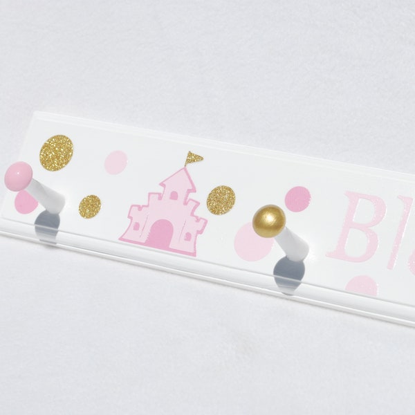 Pink and Gold Polka Dot Princess Coat Rack. Pink and Gold Bathroom Towel Hooks. Kids Wall Hooks. Princess Dress Up Station