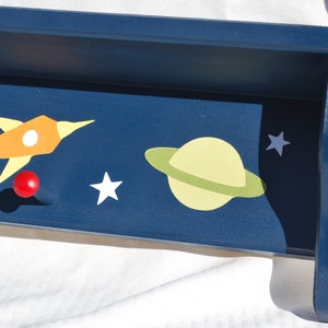 Children&#39;s Personalized Shelf with Pegs . Outer Space theme . Ricky. Astronaut Spaceship . Hat Rack . Coat Rack . Book Shelf