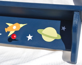 Children's Personalized Shelf with Pegs . Outer Space theme . Ricky. Astronaut Spaceship . Hat Rack . Coat Rack . Book Shelf