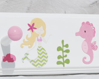 Mermaid Bathroom Towel Hooks in Pink and Green. Mermaid Bathroom Decor for Sisters Twins Girls