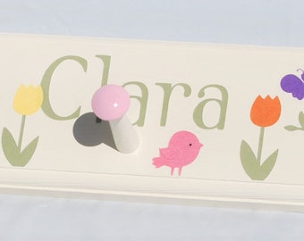 Wooden Peg Rail for Nursery or Girls Room with Tulip Flowers and Birds . Nature Inspired Baby Girl Wall Art Personalized with Name