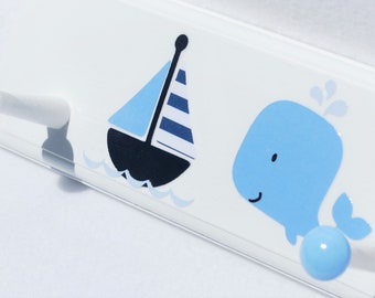 Whale Nautical Wall Art in Shades of Blue. Whale Bathroom Towel Hooks. Birthday Gift for Boy . Boys Room Coat Rack . Sailboat Anchor Whale