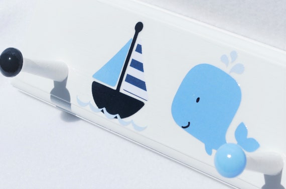 Whale Nautical Wall Art in Shades of Blue. Whale Bathroom Towel Hooks.  Birthday Gift for Boy . Boys Room Coat Rack . Sailboat Anchor Whale -   Sweden