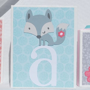 Fiona Fox Enchanted Forest with Adorable Woodland Animals Featuring Sweet Baby Gray Fox, Owl, Peacock, Flowers in Aqua Teal Coral Pink Gray