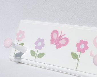 Flowers and Butterflies | Girls Coat Rack | Pastel Pink Purple | Wooden Peg Rail | Personalized Baby Shower Gift | Floral Wall Decor