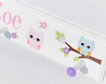 Wise Wendy Owl Coat Rack for Girls Nursery . Personalized Gift for Girl . Owl Room Decor . Owl Wall Art . Cute Owls . Pink . Lavender . Teal