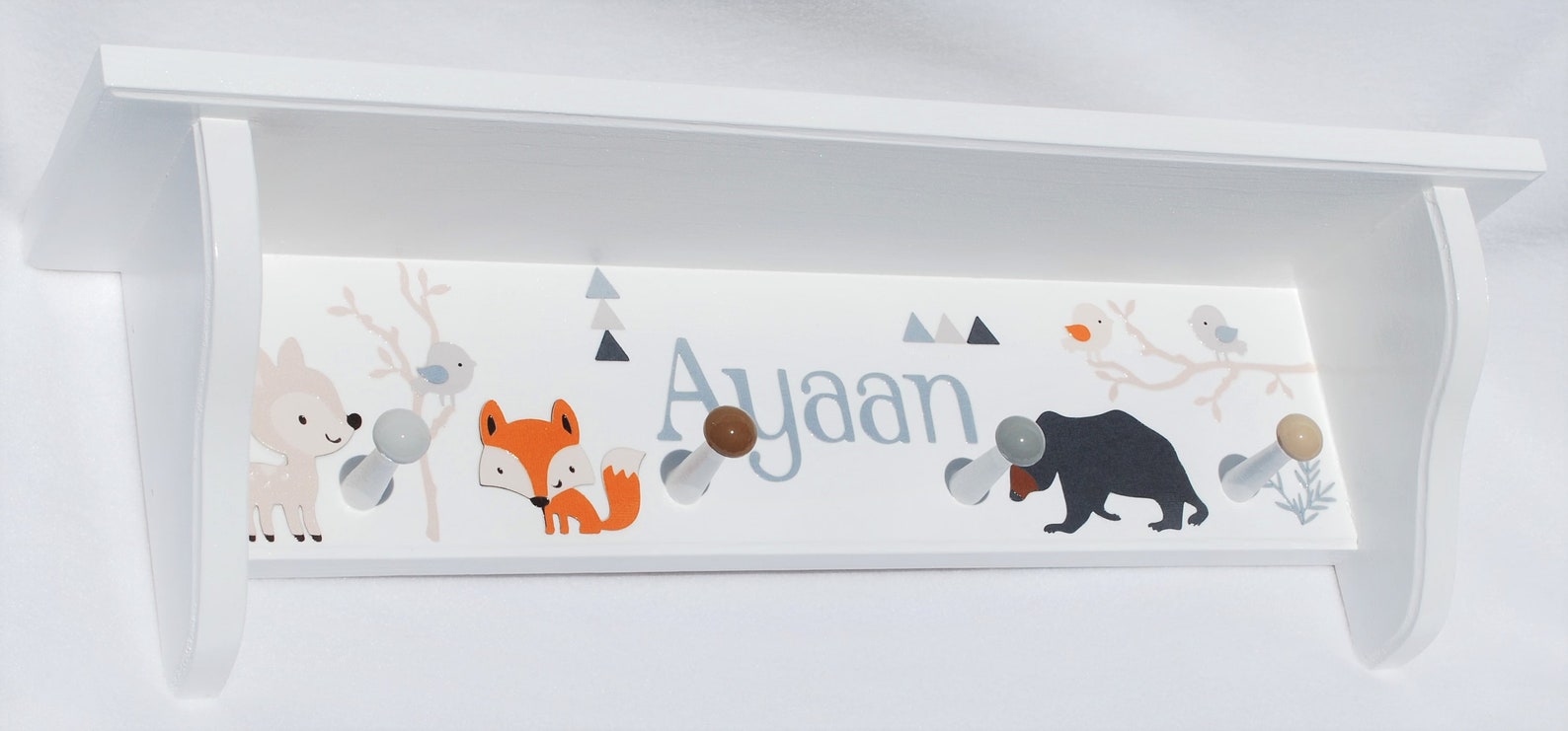 White Wood Shelf With Pegs . Gender Neutral Colors . Fox Bear Etsy
