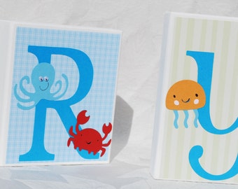 Ocean Animals Nursery Decor: Personalized Wood Letter Blocks