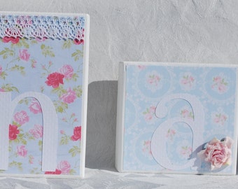 Baby Name Blocks . Shabby Chic Personalized Blocks . with lace buttons roses in blue and pink with green