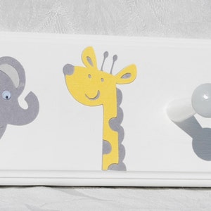 Yellow and Gray Safari Animals Nursery Decor . Kids Coat Rack with Hooks . Gender Neutral Nursery . Hooks for Hats Towels Clothes Robe