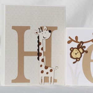 Wooden Name Block Letters for Baby Nursery, Neutral Colors, Gender Neutral, Beige Tan White Brown, Jungle Theme, Safari Animals
