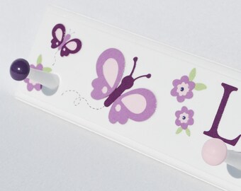 Lavender Damask Floral Baby Girl Nursery Decor . Sugar Plum Butterflies and Flowers . Girls Coat Rack . Decorative Wall Hooks . Peg Rail