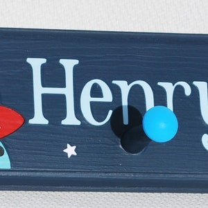 Personalized Kids Coat Rack . Peg Rack . Wall Pegs . Gabriel . Outer Space . Children's Coat Hooks . Outer Space Wall Art for Kids Room 18" with 3 pegs