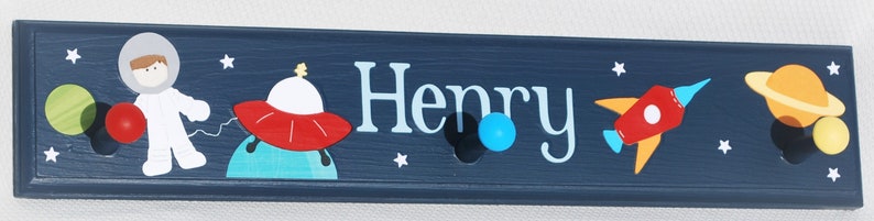 Personalized Kids Coat Rack . Peg Rack . Wall Pegs . Gabriel . Outer Space . Children's Coat Hooks . Outer Space Wall Art for Kids Room 18" with 3 pegs