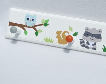 Woodland Animals Nursery Decor . Wall Mounted Kids Coat Rack . Wooden Peg Rail . Forest Animals Nursery . Decorative Wood Sign with Name