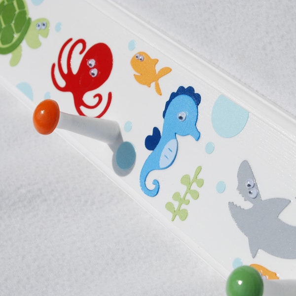 Kids Bathroom Towel Hooks. Ocean themed bathroom Decor . Kids bathroom decor . Ocean Animals. Personalized . Wooden Peg Rail