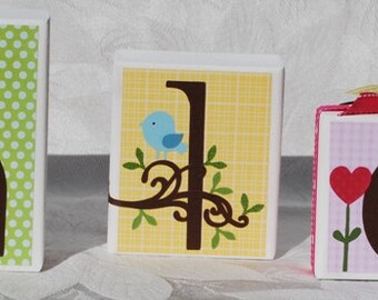 Chloe Personalized Blocks. Happi Tree . Pink Green Yellow Baby Girls Nursery Decor . Owls Butterflies . Nature . Cute Little Bird