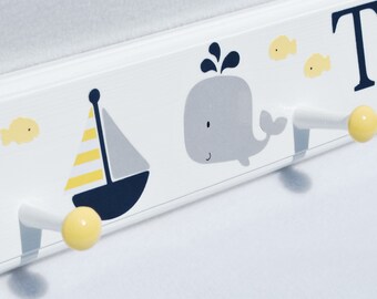Navy Blue and Yellow Nautical Bathroom Bedroom Nursery Decor . Lighthouse . Sailboat . Whale . Fish . Personalized Coat Rack for Kids Room