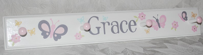 Pink and Gray Butterflies . Butterfly Room Decor . Birthday Gift .Personalized Rack with Pegs . Housewarming Gift . Girl Room 24" with 4 pegs