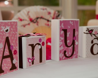 Baby Shower Centerpiece with Name, Cherry Blossom Themed, Wooden Block Decoration, Nursery Accent for Shelf or Bookcase, Personalized Gift