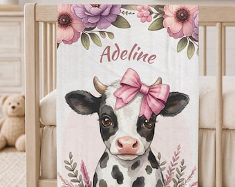 Custom Name Baby Blanket Cow, Personalized Nursery Throw for Newborn Girl, Farm Nursery Decor, Baby Shower Gift Idea for New Mom