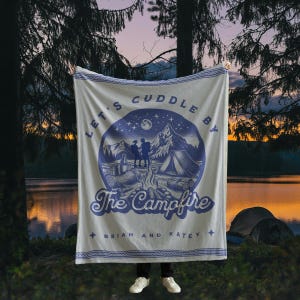 Personalized Couples Snuggle Camping Blanket, Let&#39;s Cuddle by the Campfire, Custom Name Gift, Camping Blanket, Campfire Throw