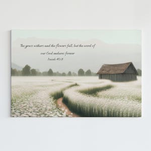 Christian Canvas Wall Art, Vintage Field of Flowers Old Barn, Bible verse Decor, Vintage Scripture Art, Modern Farmhouse Decor, Christian