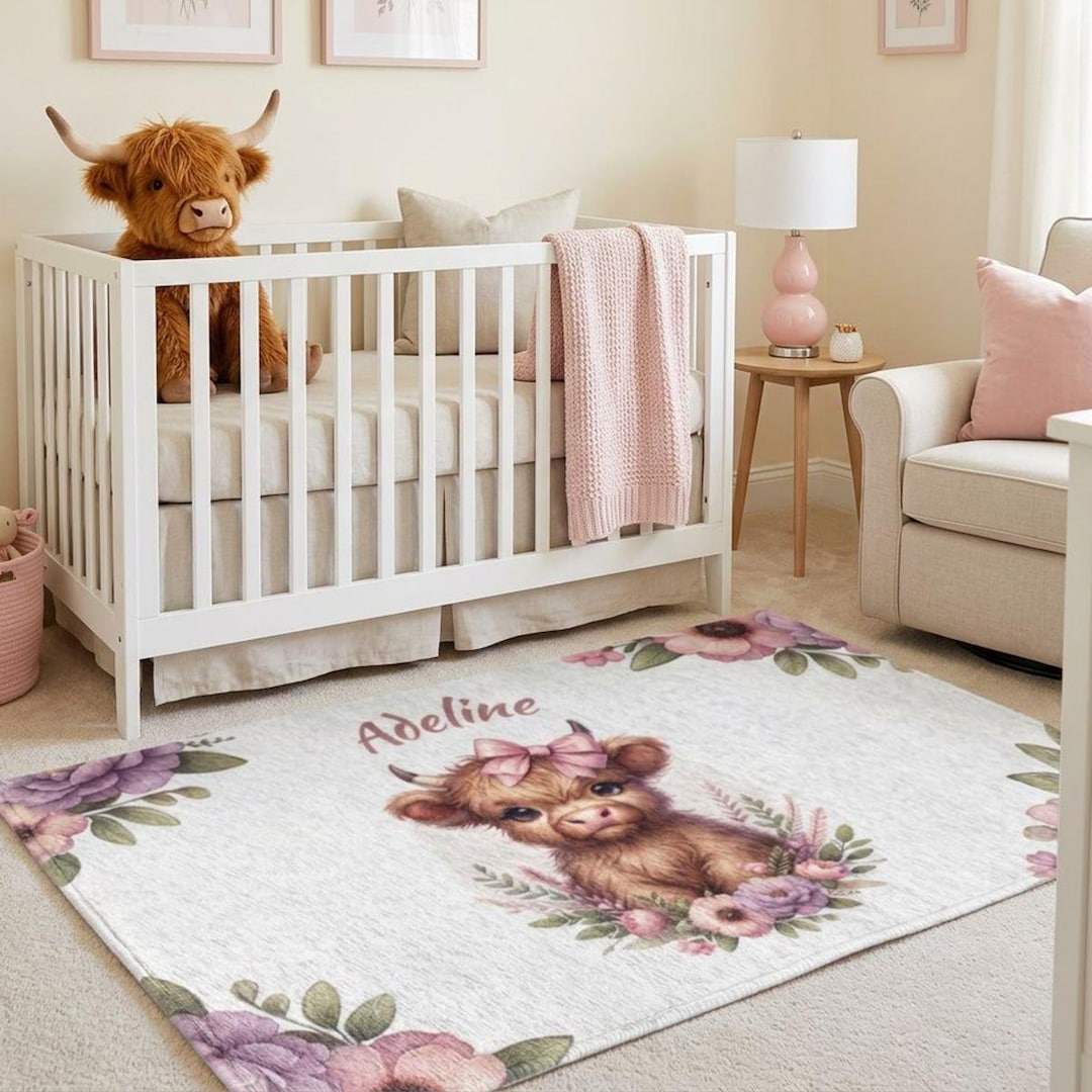 Custom Rugs For Baby Personalized Highland Cow Nursery Rug for Baby Girl Farm Nursery Floor ...