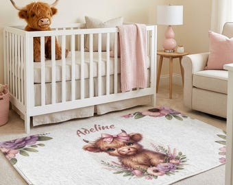 Personalized Highland Cow Nursery Rug for Baby Girl Farm Nursery Floor Carpet Baby Gift for Baby Shower Baby Girl Nursery Decor New Mom Gift