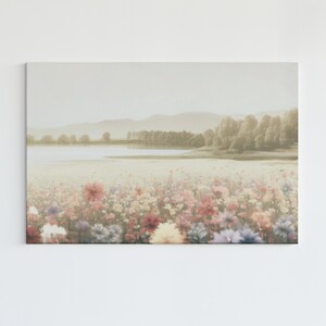 Floral Landscape Canvas Wall Art, Vintage Field of Flowers and Lake, Home Decor, Vintage Art, Modern Farmhouse Decor, Mountains Landscape