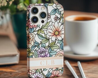 iPhone Floral Stained Glass Monogrammed Tough Phone Case for her Floral Phone Cover Mosaic Phone Case with initials Custom Phone Case