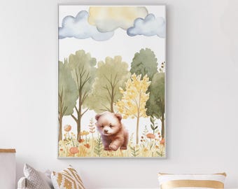 May include: Watercolor painting of a brown bear cub in a forest scene. The artwork features a bear cub in a field of wildflowers with trees in the background. The sky has fluffy clouds and a soft yellow glow.