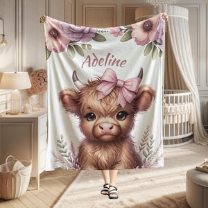 Personalized Highland Cow Nursery Blanket Nursery Throw for Baby Girl Farm Nursery Blanket Baby Gift for Baby Shower Baby Girl Nursery Decor