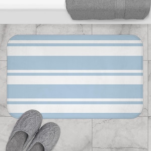 Minimalistic Blue and White Striped Bath Mat Microfiber Bathroom Rug Non-Slip Shower Mat Washable Rug Housewarming Gift Cute Bathroom Decor