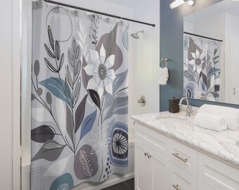 Cortina de ducha azul bohemia con decoración floral para baño, cortina de baño azul y gris, regalo único para el hogar, regalo de inauguración de la casa bohemia y chic, bonita cortina de ducha