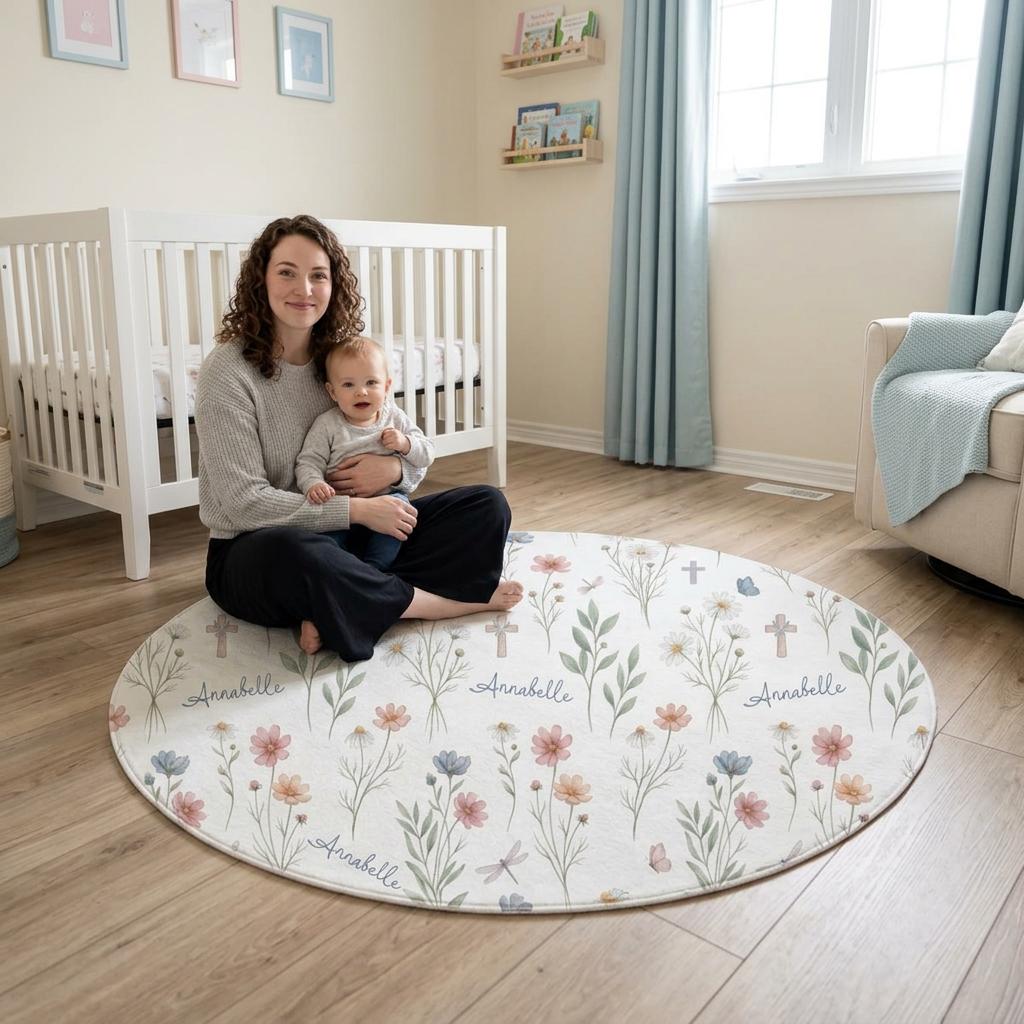 Custom Rugs For Baby Personalized Christian Floral Nursery Round Rug, Wildflower Nursery Rug ...