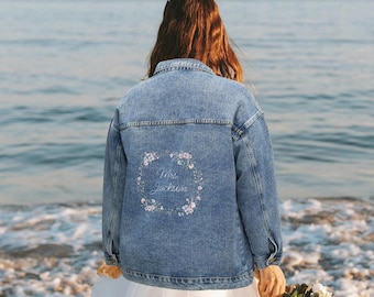 Custom Bride Denim Jacket Personalized Jean Jacket Women's Custom Wedding Jacket with Floral Design Jean Jacket for Bride Gift Mrs Jacket